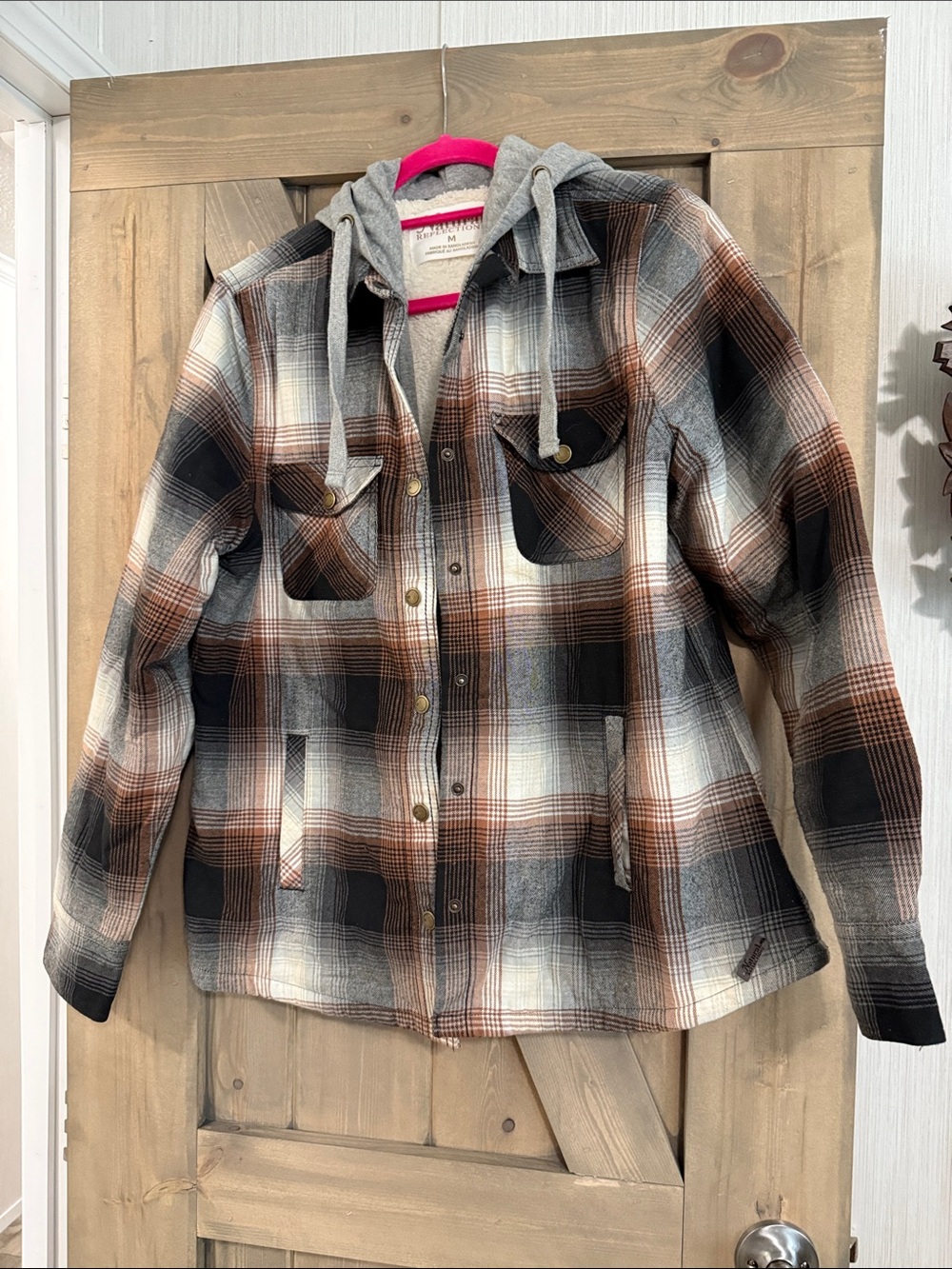 Natural Reflections Plaid Utility Jacket with Hoodie - Brown, Black & Gray